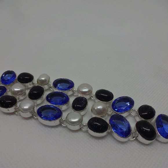Stunning "SAPPHIRE, BLUE SUNSTONE & PEARL" Handmade Sterling Bracelet 7.5" #734 - Picture 1 of 3